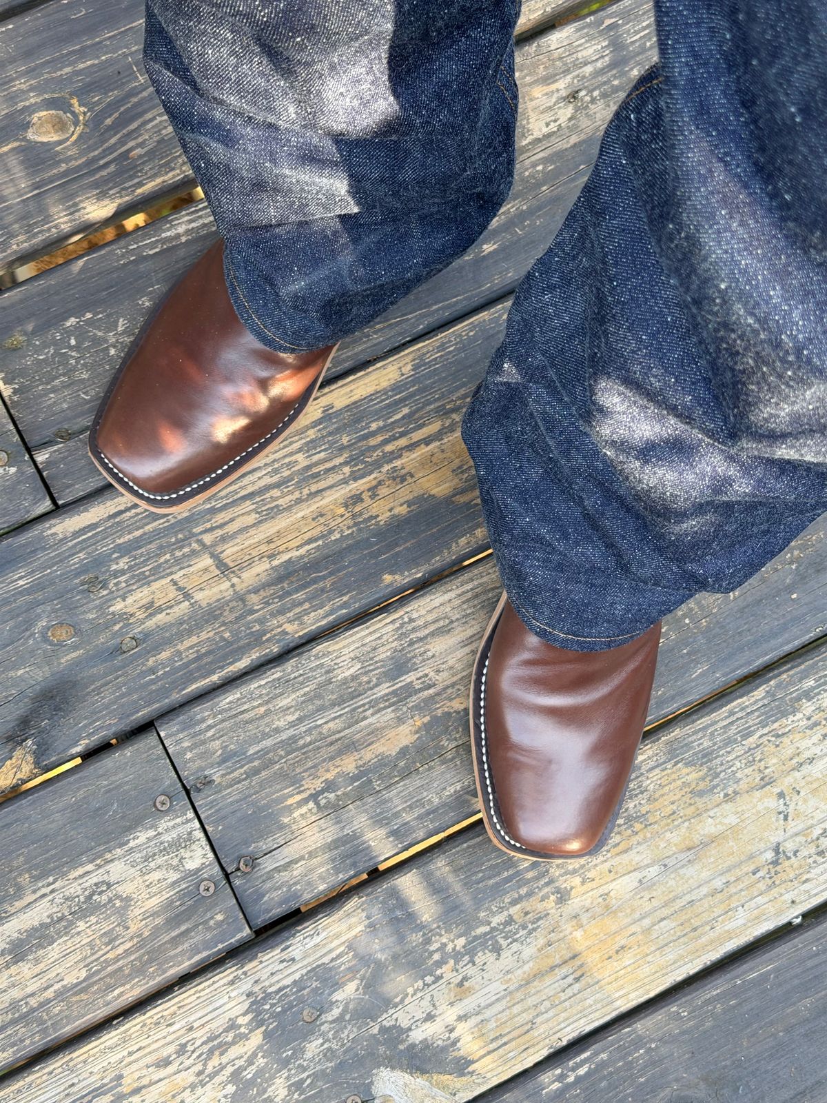 Photo by BigDawg308 on June 24, 2026 of the Olathe Boot Company Cutter Toe in Maryam Vachetta Walnut Horsebutt.