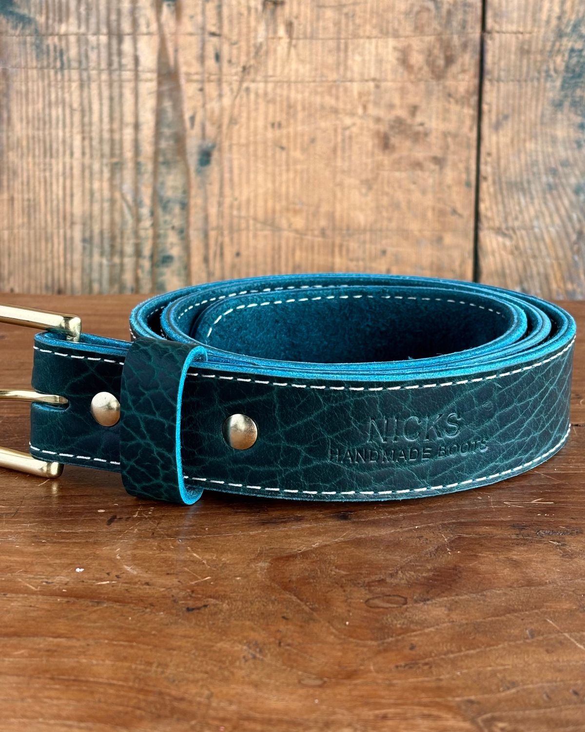 Photo by ThatShowroomGuy on October 2, 2025 of the Nicks Heritage Belt in Turquoise Shrunken Bison.