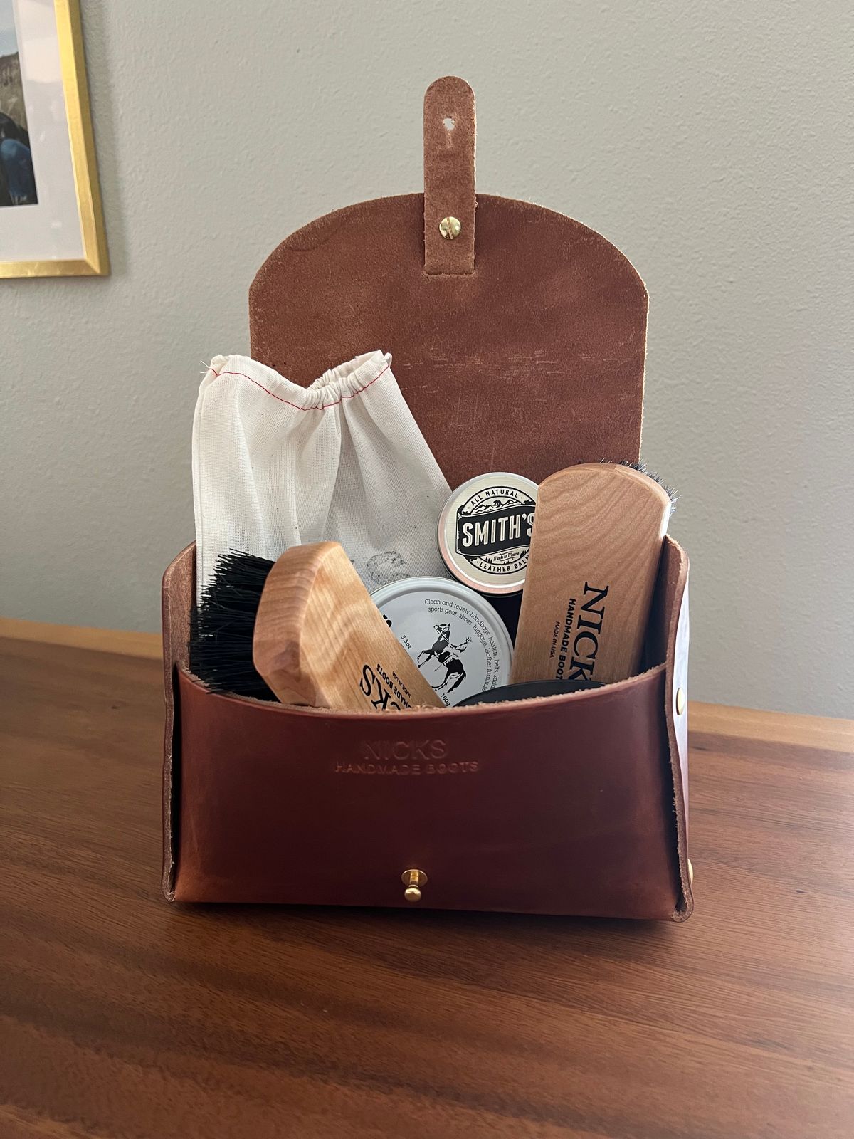 Photo by EarthToneDaddy on November 8, 2024 of the Nicks Deluxe Boot Care Kit in Wickett & Craig Natural Double Stuffed.