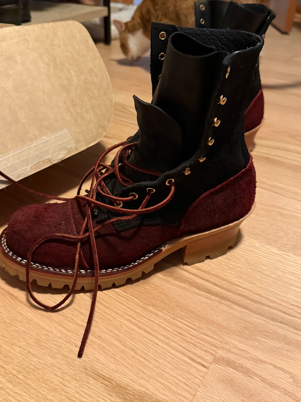 Photo by Bootaddict27 on July 17, 2025 of the Nicks BuilderPro in Law Tanning Oxblood Roughout Shruken Bison.