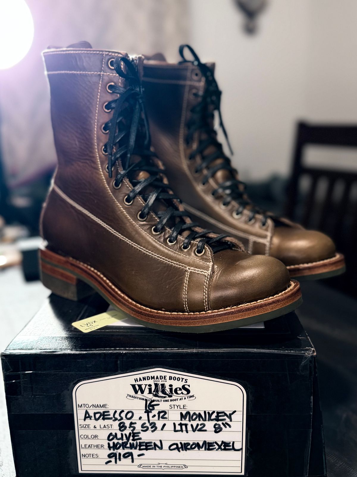 Photo by TheRuggedRounder on January 29, 2026 of the Willie's Handmade Boots Monkey Boot in Horween Dark Olive Chromexcel.