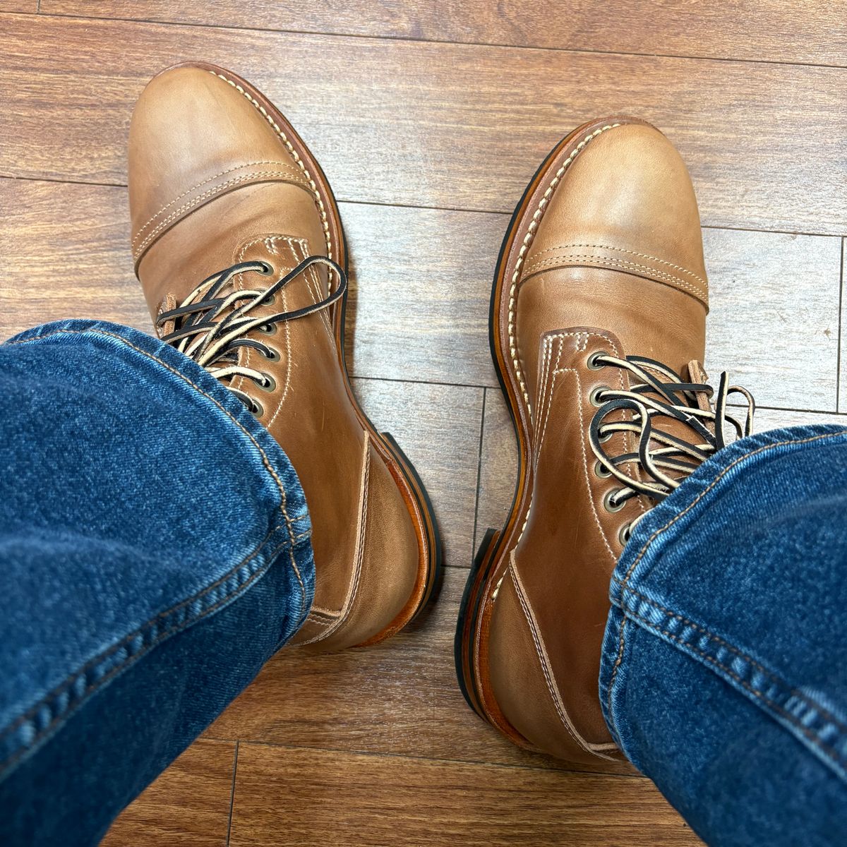Photo by dfw on June 4, 2025 of the Truman Cap Toe Boot in Seidel Sesame Double Shot.