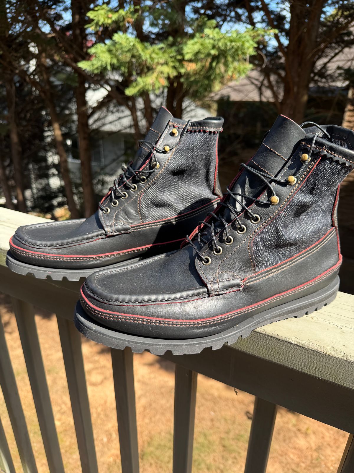 Photo by BigDawg308 on October 17, 2025 of the Russell Moccasin Co. Blood Hunter (Rose Anvil and Naked & Famous Collab) in Seidel Bloodcore Latigo & Naked & Famous Raw Denim.