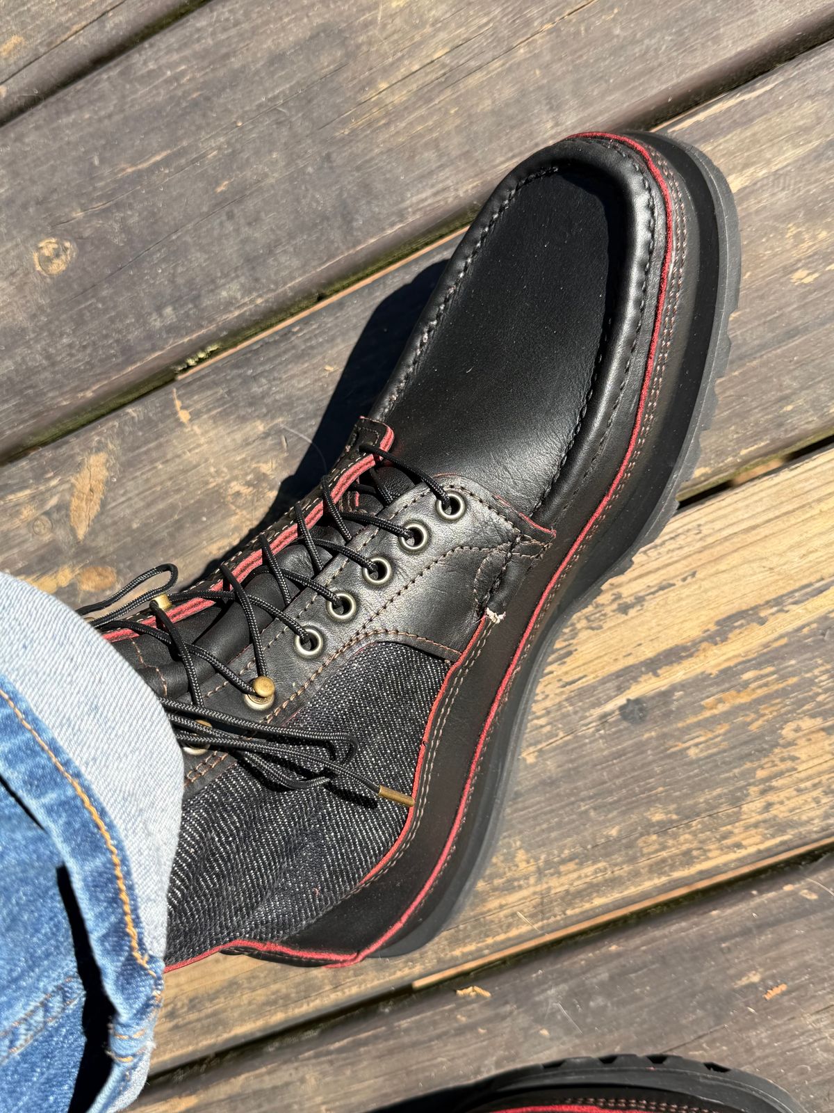 Photo by BigDawg308 on October 17, 2025 of the Russell Moccasin Co. Blood Hunter (Rose Anvil and Naked & Famous Collab) in Seidel Bloodcore Latigo & Naked & Famous Raw Denim.
