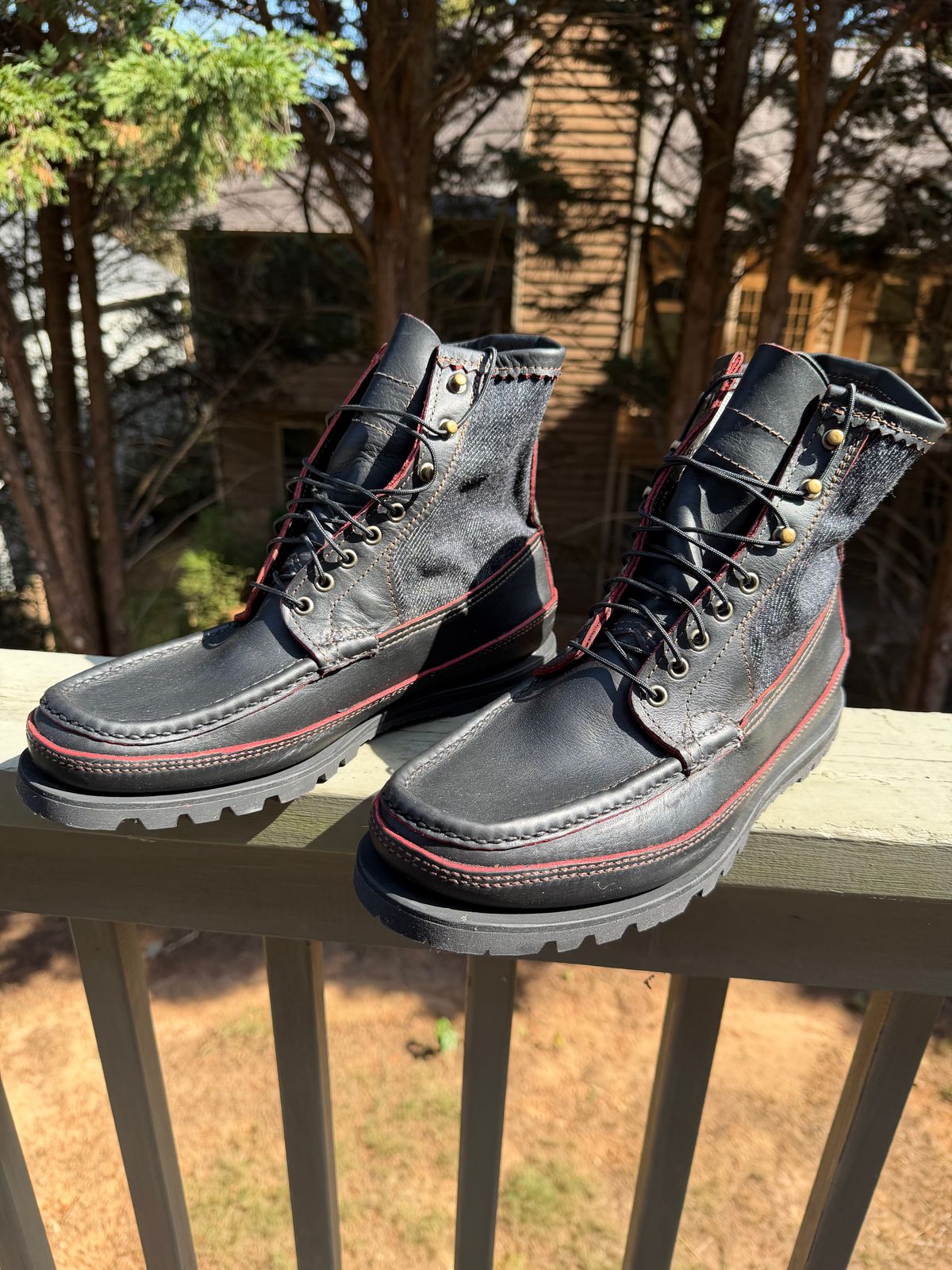 Photo by BigDawg308 on October 17, 2025 of the Russell Moccasin Co. Blood Hunter (Rose Anvil and Naked & Famous Collab) in Seidel Bloodcore Latigo & Naked & Famous Raw Denim.