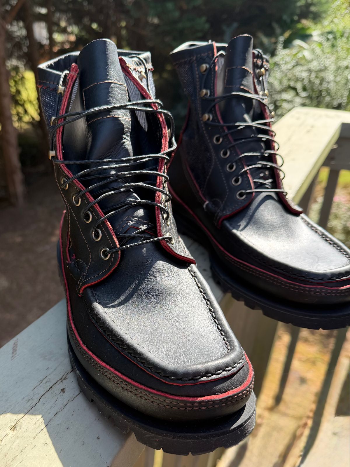 Photo by BigDawg308 on October 17, 2025 of the Russell Moccasin Co. Blood Hunter (Rose Anvil and Naked & Famous Collab) in Seidel Bloodcore Latigo & Naked & Famous Raw Denim.