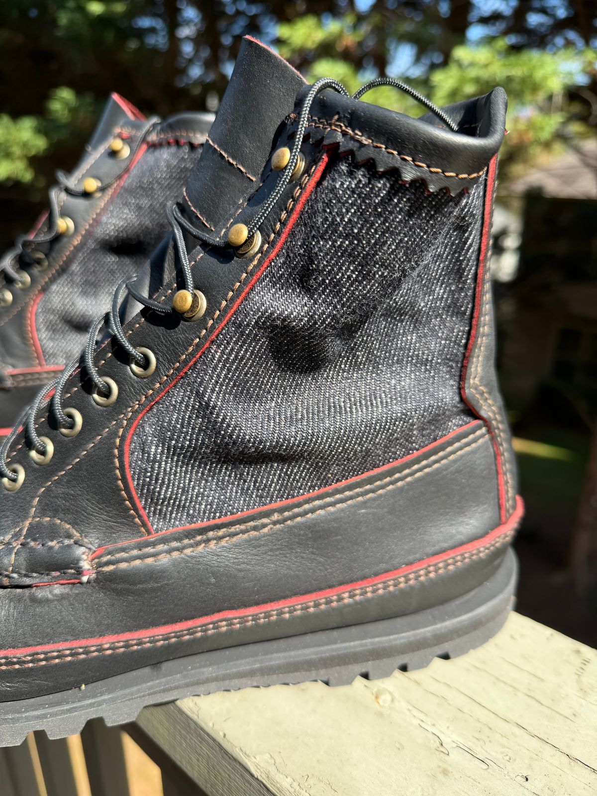 Photo by BigDawg308 on October 17, 2025 of the Russell Moccasin Co. Blood Hunter (Rose Anvil and Naked & Famous Collab) in Seidel Bloodcore Latigo & Naked & Famous Raw Denim.