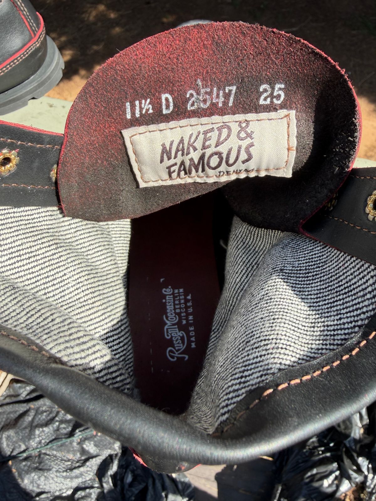 Photo by BigDawg308 on October 17, 2025 of the Russell Moccasin Co. Blood Hunter (Rose Anvil and Naked & Famous Collab) in Seidel Bloodcore Latigo & Naked & Famous Raw Denim.