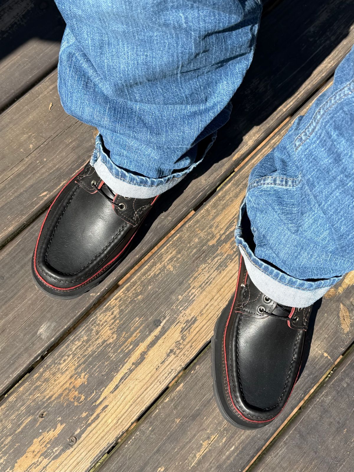 Photo by BigDawg308 on October 17, 2025 of the Russell Moccasin Co. Blood Hunter (Rose Anvil and Naked & Famous Collab) in Seidel Bloodcore Latigo & Naked & Famous Raw Denim.