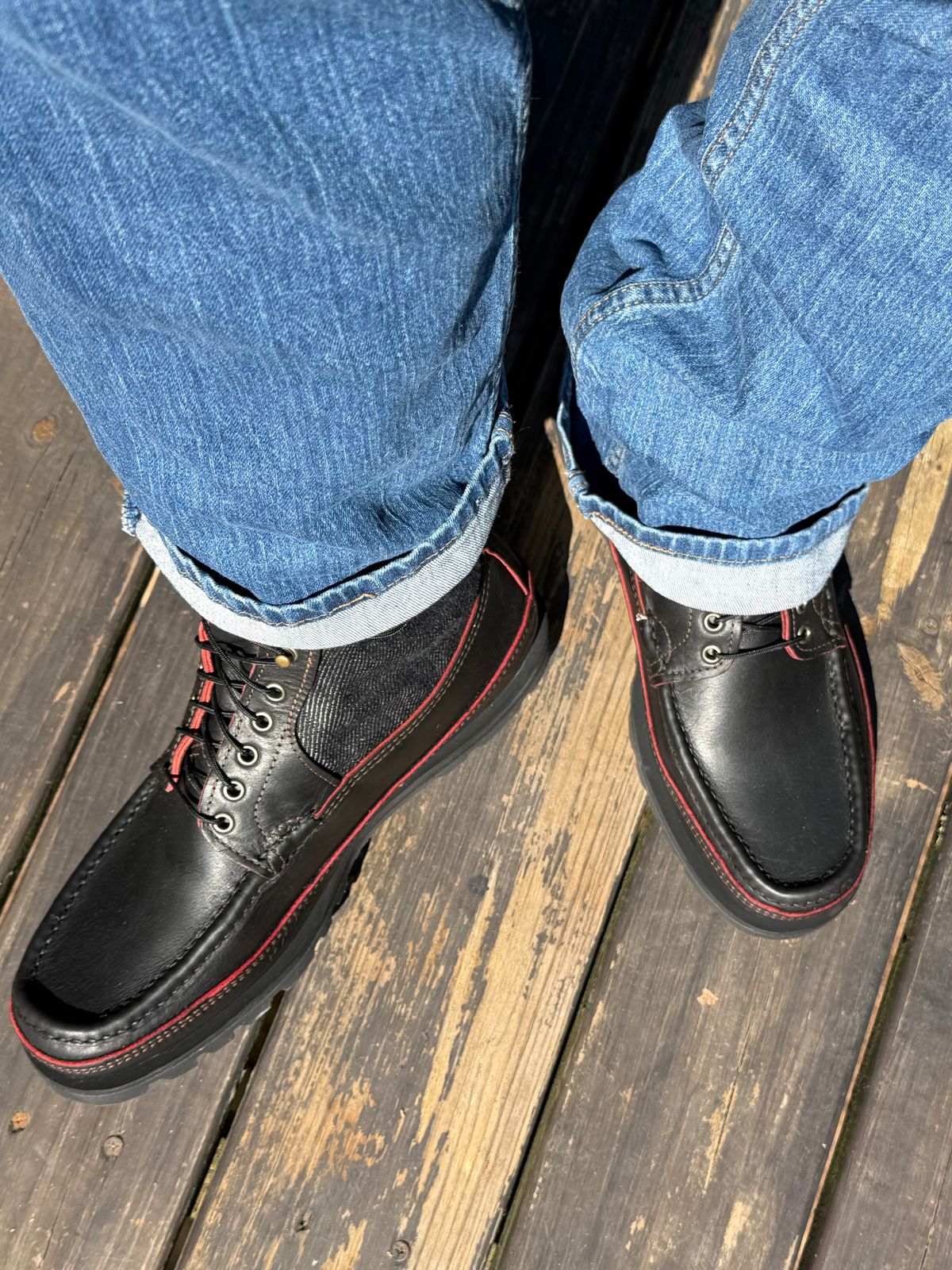 Photo by BigDawg308 on October 17, 2025 of the Russell Moccasin Co. Blood Hunter (Rose Anvil and Naked & Famous Collab) in Seidel Bloodcore Latigo & Naked & Famous Raw Denim.