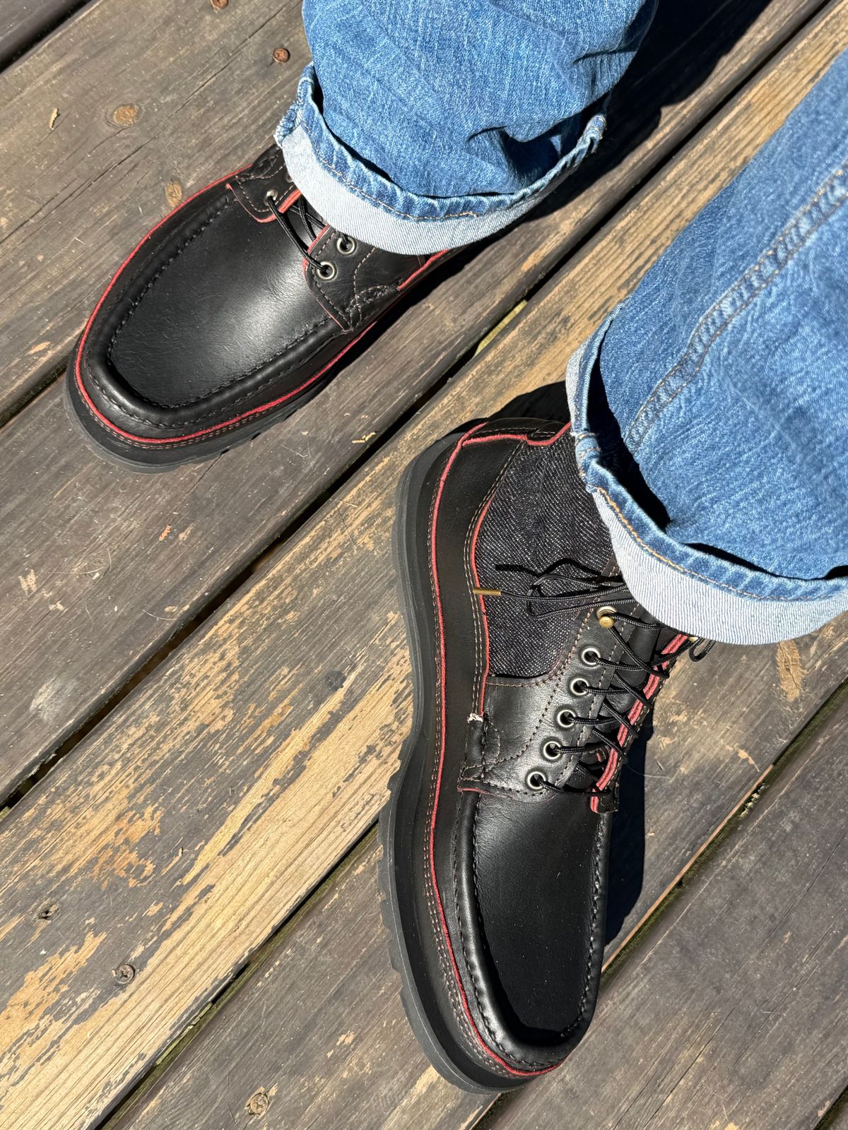 Photo by BigDawg308 on October 17, 2025 of the Russell Moccasin Co. Blood Hunter (Rose Anvil and Naked & Famous Collab) in Seidel Bloodcore Latigo & Naked & Famous Raw Denim.