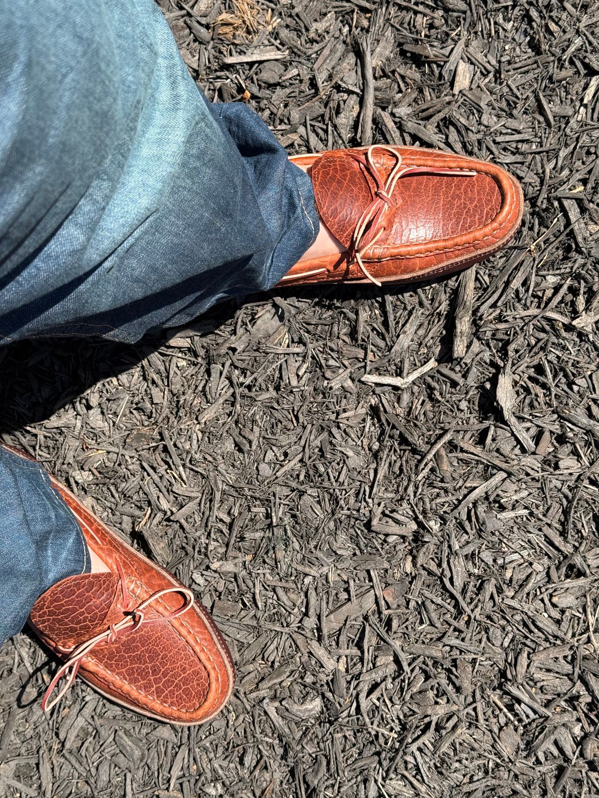Photo by BigDawg308 on March 26, 2025 of the Russell Moccasin Co. Oneida in Law Tanning Cognac Big Horn Shrunken Bison.