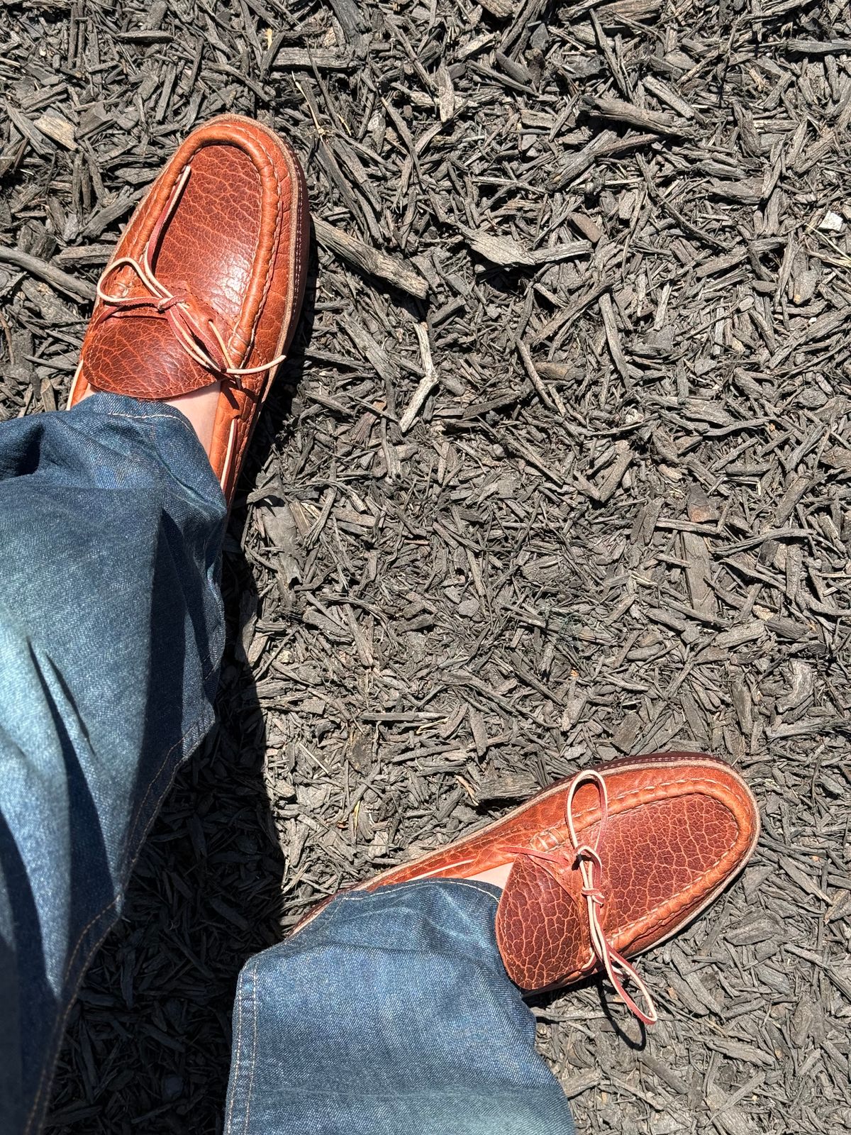 Photo by BigDawg308 on March 26, 2025 of the Russell Moccasin Co. Oneida in Law Tanning Cognac Big Horn Shrunken Bison.