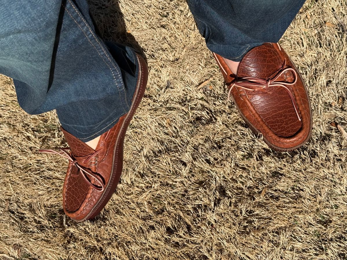 Photo by BigDawg308 on March 26, 2025 of the Russell Moccasin Co. Oneida in Law Tanning Cognac Big Horn Shrunken Bison.