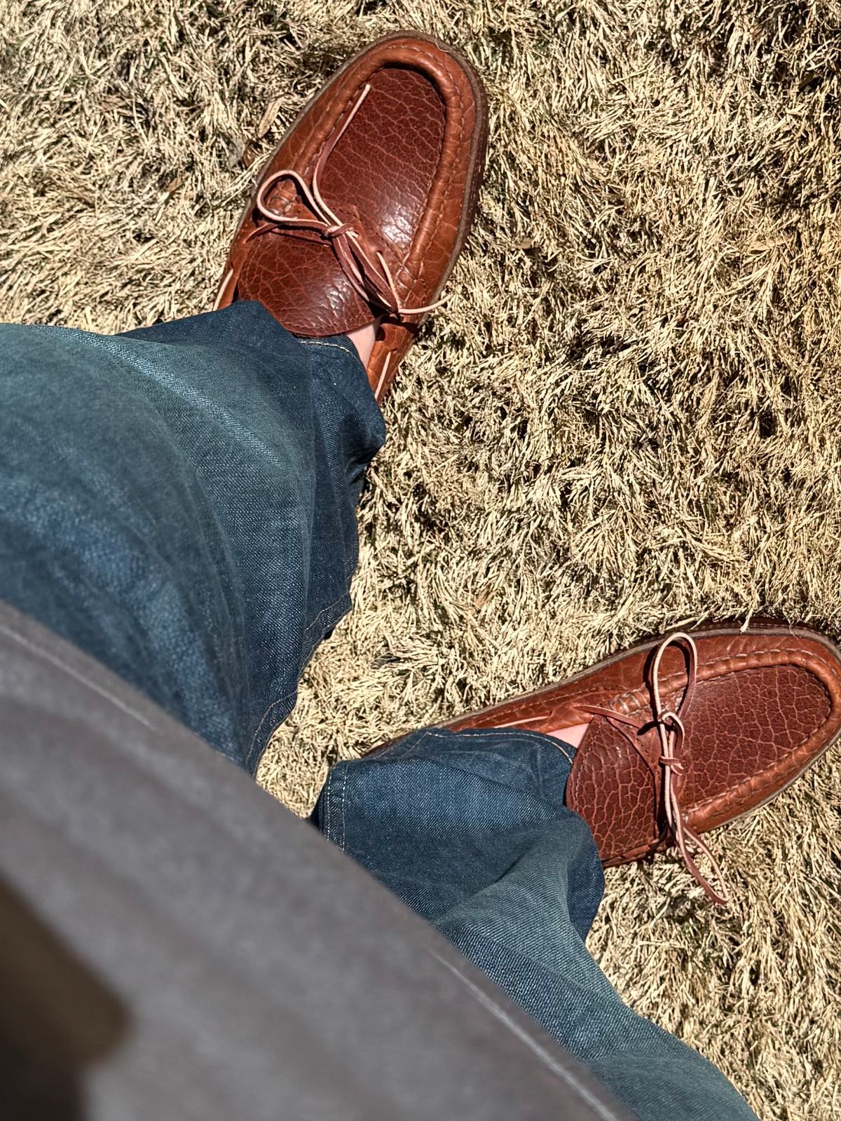 Photo by BigDawg308 on March 26, 2025 of the Russell Moccasin Co. Oneida in Law Tanning Cognac Big Horn Shrunken Bison.