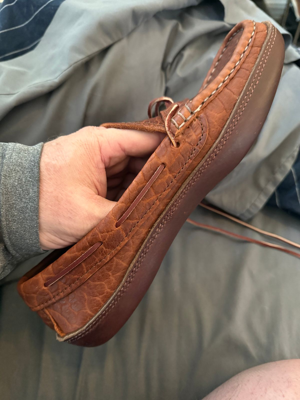 Photo by BigDawg308 on March 26, 2025 of the Russell Moccasin Co. Oneida in Law Tanning Cognac Big Horn Shrunken Bison.