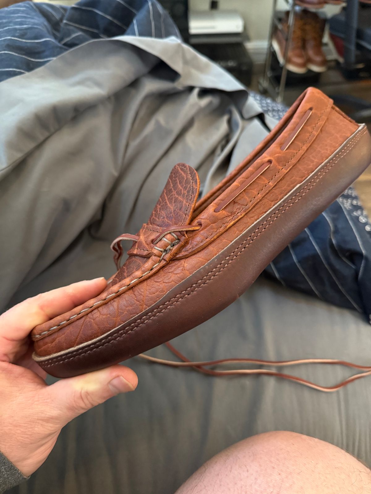 Photo by BigDawg308 on March 26, 2025 of the Russell Moccasin Co. Oneida in Law Tanning Cognac Big Horn Shrunken Bison.