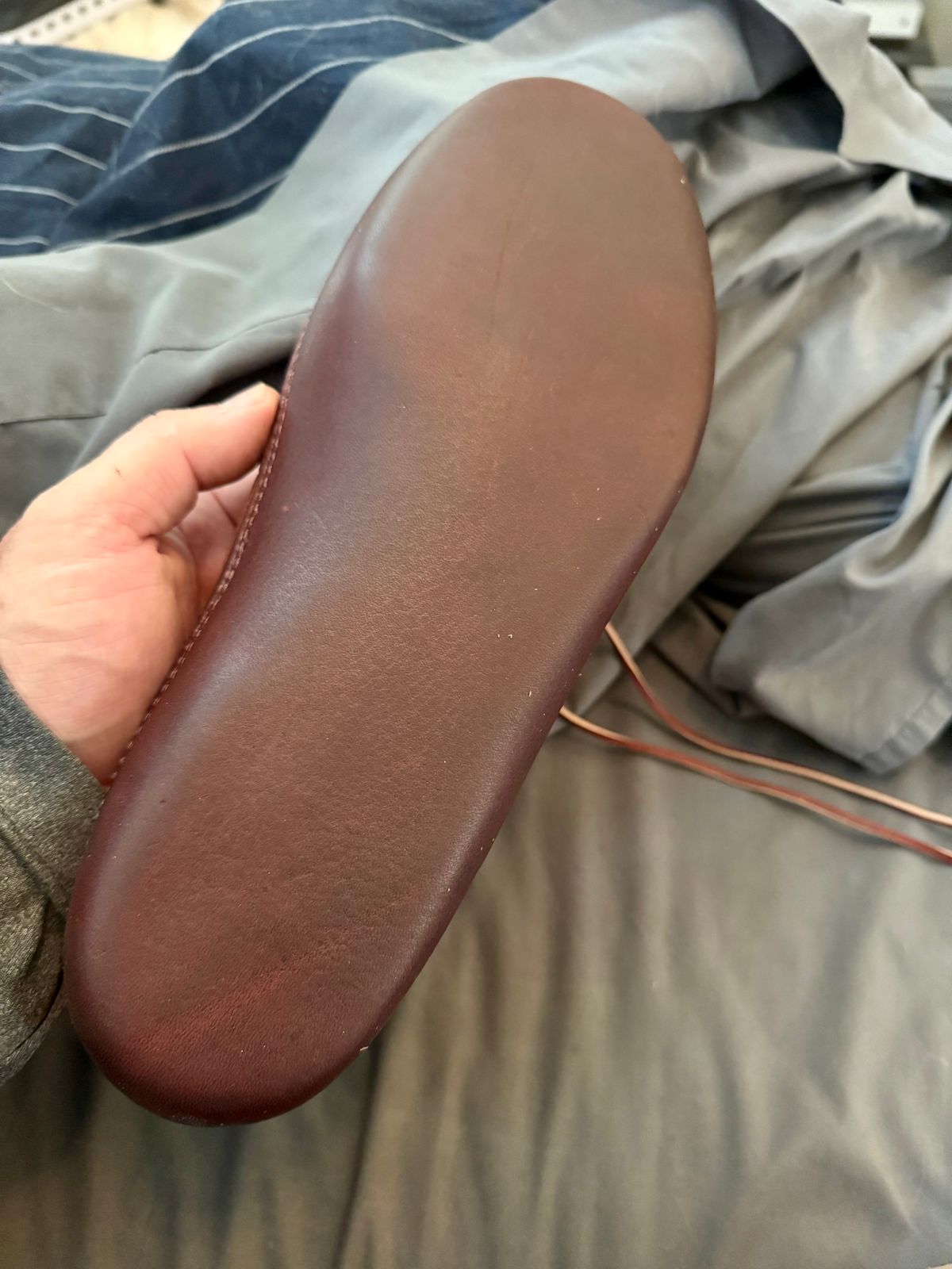 Photo by BigDawg308 on March 26, 2025 of the Russell Moccasin Co. Oneida in Law Tanning Cognac Big Horn Shrunken Bison.