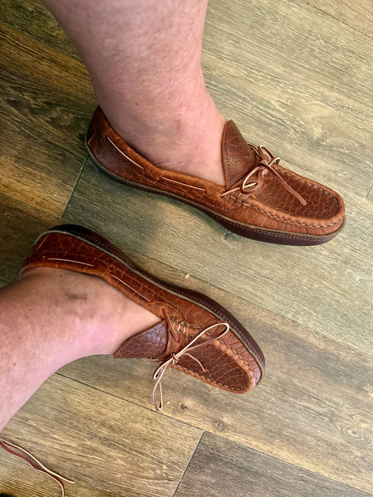 Photo by BigDawg308 on March 26, 2025 of the Russell Moccasin Co. Oneida in Law Tanning Cognac Big Horn Shrunken Bison.