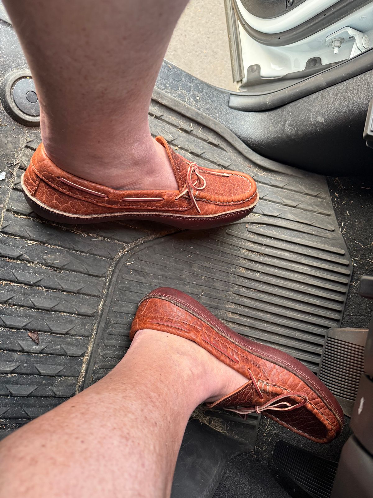 Photo by BigDawg308 on March 28, 2025 of the Russell Moccasin Co. Oneida in Law Tanning Cognac Big Horn Shrunken Bison.