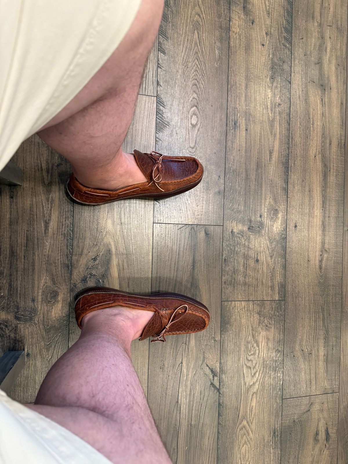 Photo by BigDawg308 on March 28, 2025 of the Russell Moccasin Co. Oneida in Law Tanning Cognac Big Horn Shrunken Bison.