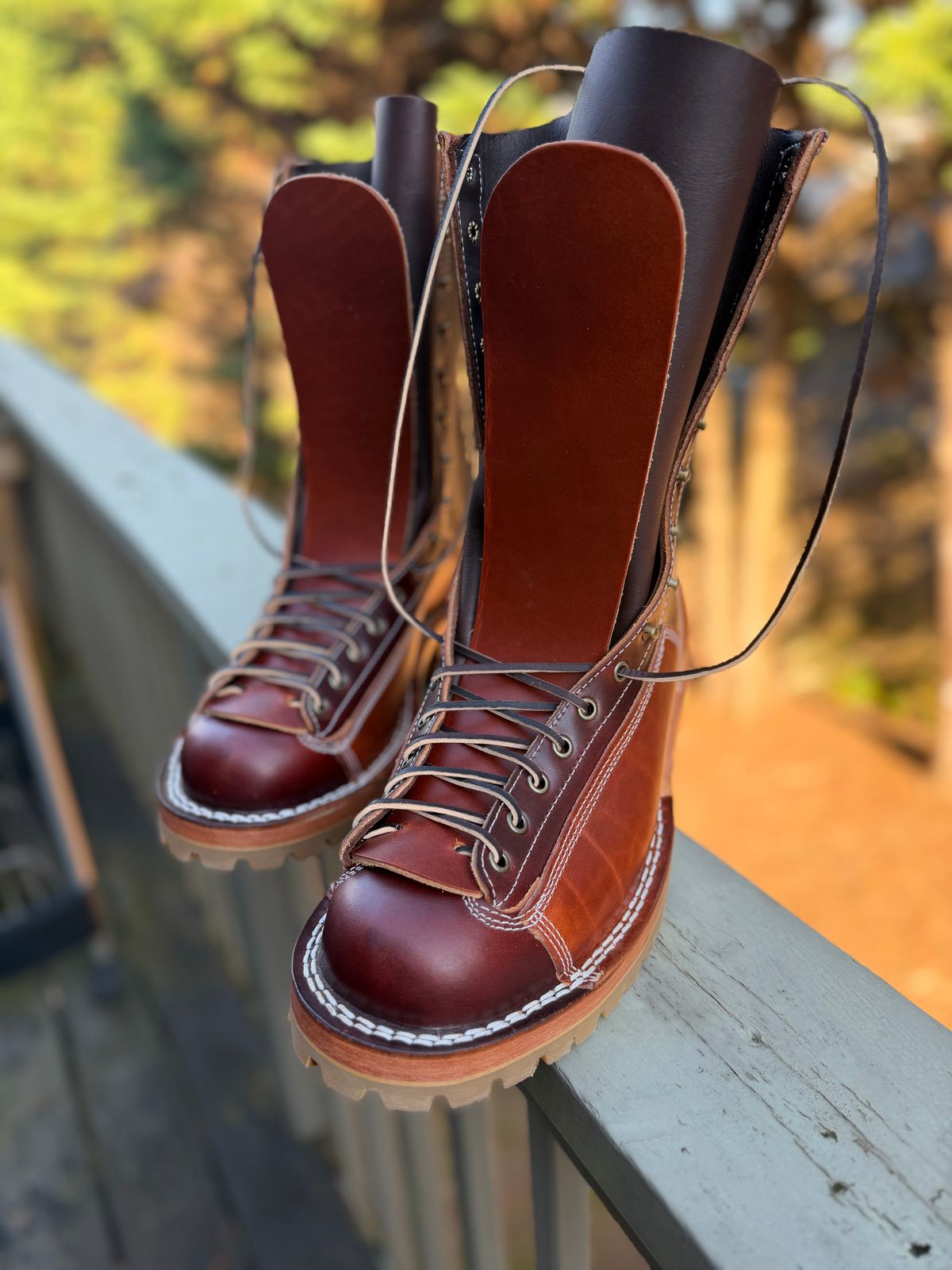 Photo by BigDawg308 on December 3, 2025 of the Frank's Boots Monkey Boot in Wickett & Craig Chestnut Oiled Latigo & Wickett & Craig Tan Oiled Latigo.