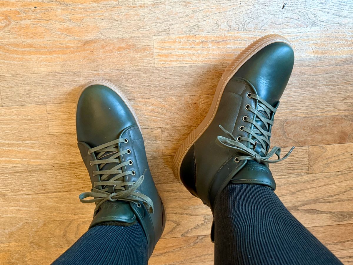 Photo by BigDawg308 on December 5, 2025 of the Goral x Rose Anvil Muggs in Horween Forest Green Chromexcel.