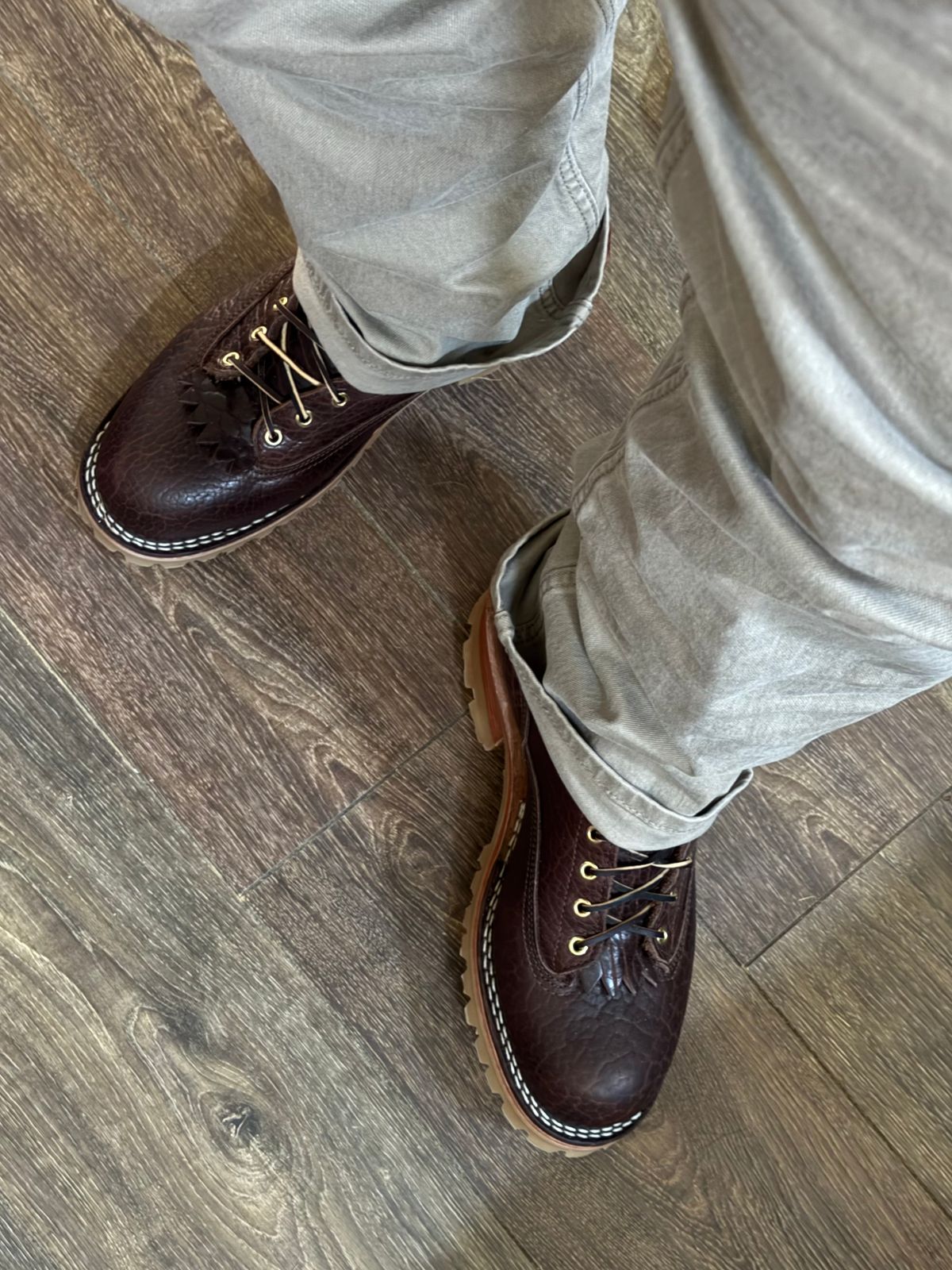 Photo by BigDawg308 on July 4, 2025 of the Nicks Lace To Toe in Law Tanning Walnut Smooth Shruken Bison.