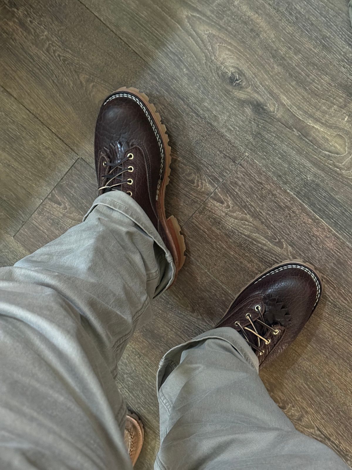 Photo by BigDawg308 on July 4, 2025 of the Nicks Lace To Toe in Law Tanning Walnut Smooth Shruken Bison.