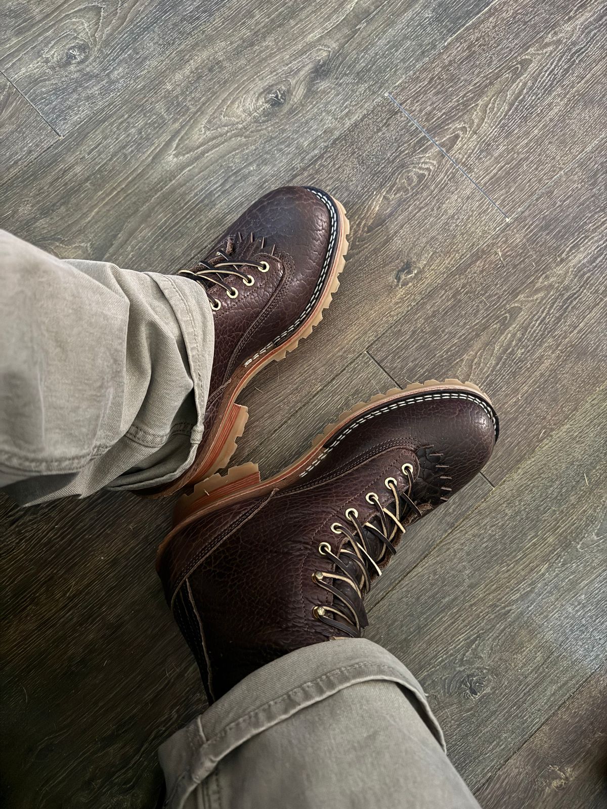 Photo by BigDawg308 on July 4, 2025 of the Nicks Lace To Toe in Law Tanning Walnut Smooth Shruken Bison.