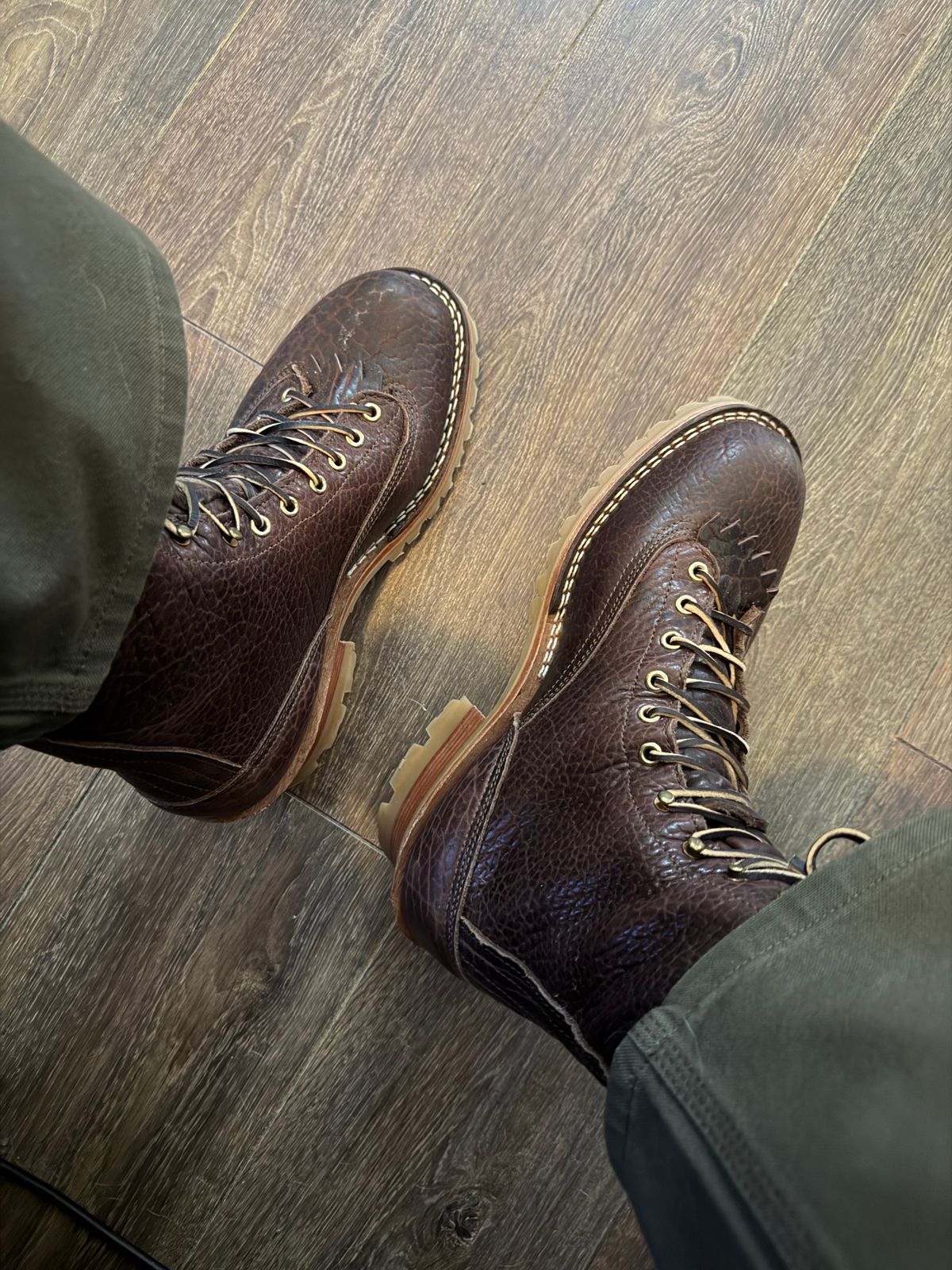 Photo by BigDawg308 on November 29, 2025 of the Nicks Lace To Toe in Law Tanning Walnut Smooth Shruken Bison.