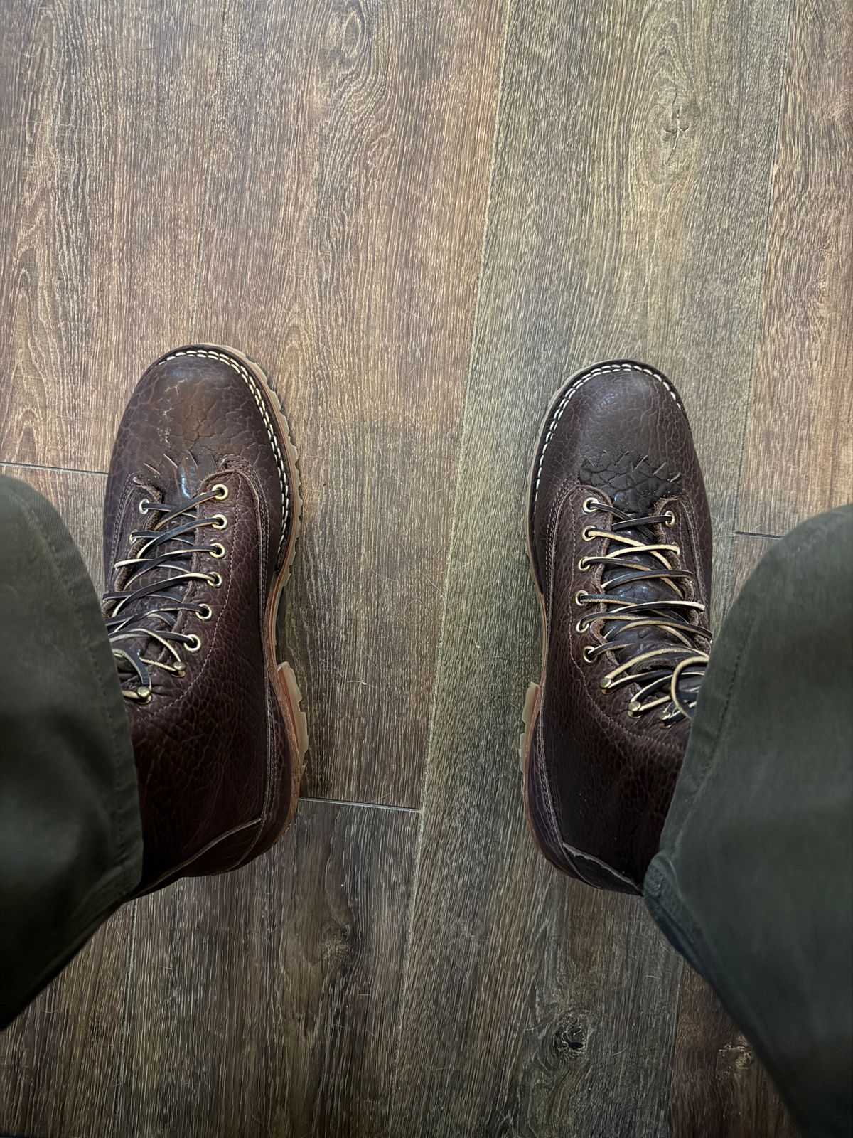 Photo by BigDawg308 on November 29, 2025 of the Nicks Lace To Toe in Law Tanning Walnut Smooth Shruken Bison.