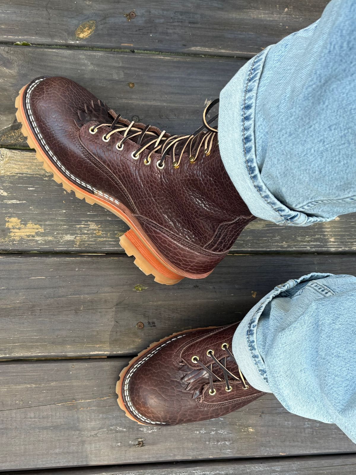 Photo by BigDawg308 on June 20, 2025 of the Nicks Lace To Toe in Law Tanning Walnut Smooth Shruken Bison.