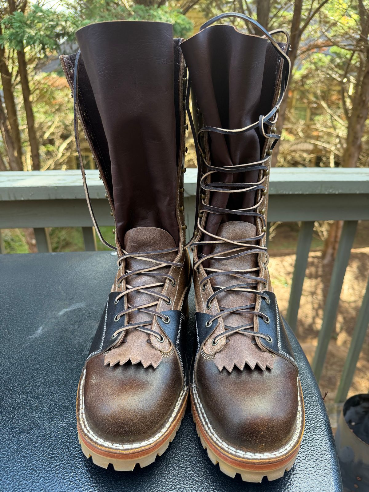 Photo by BigDawg308 on October 1, 2025 of the Frank's Boots FD1 LTT MTO in Horween Cinnamon Waxed Flesh & Horween Natural Waxed Flesh & Horween Black Waxed Flesh.