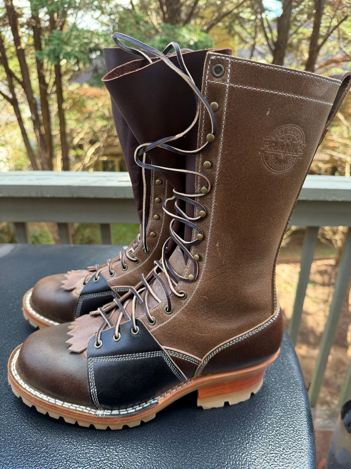 Photo by BigDawg308 on October 1, 2025 of the Frank's Boots FD1 LTT MTO in Horween Cinnamon Waxed Flesh & Horween Natural Waxed Flesh & Horween Black Waxed Flesh.