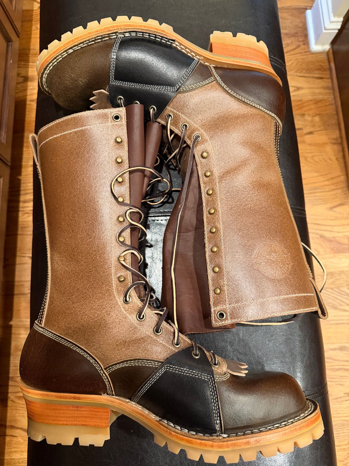 Photo by BigDawg308 on October 1, 2025 of the Frank's Boots FD1 LTT MTO in Horween Cinnamon Waxed Flesh & Horween Natural Waxed Flesh & Horween Black Waxed Flesh.