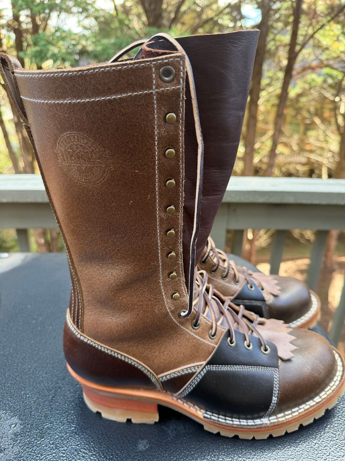 Photo by BigDawg308 on October 1, 2025 of the Frank's Boots FD1 LTT MTO in Horween Cinnamon Waxed Flesh & Horween Natural Waxed Flesh & Horween Black Waxed Flesh.