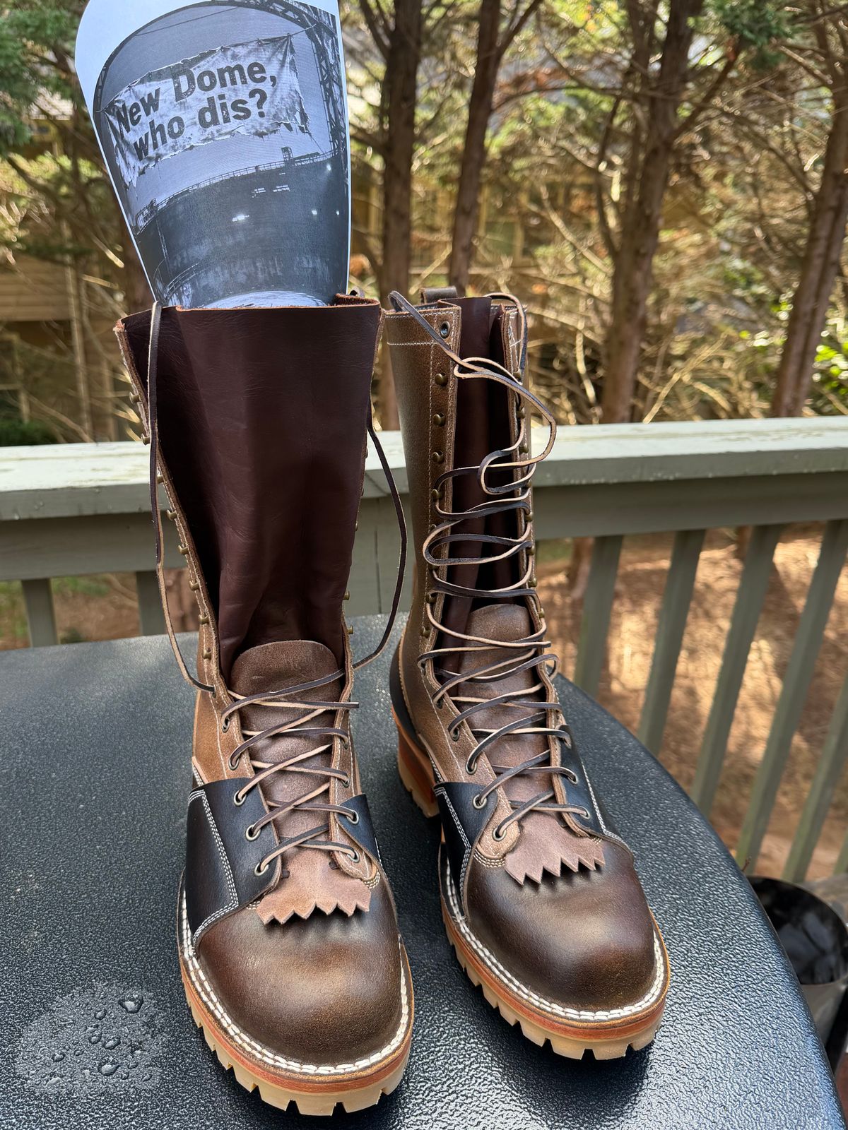 Photo by BigDawg308 on October 1, 2025 of the Frank's Boots FD1 LTT MTO in Horween Cinnamon Waxed Flesh & Horween Natural Waxed Flesh & Horween Black Waxed Flesh.