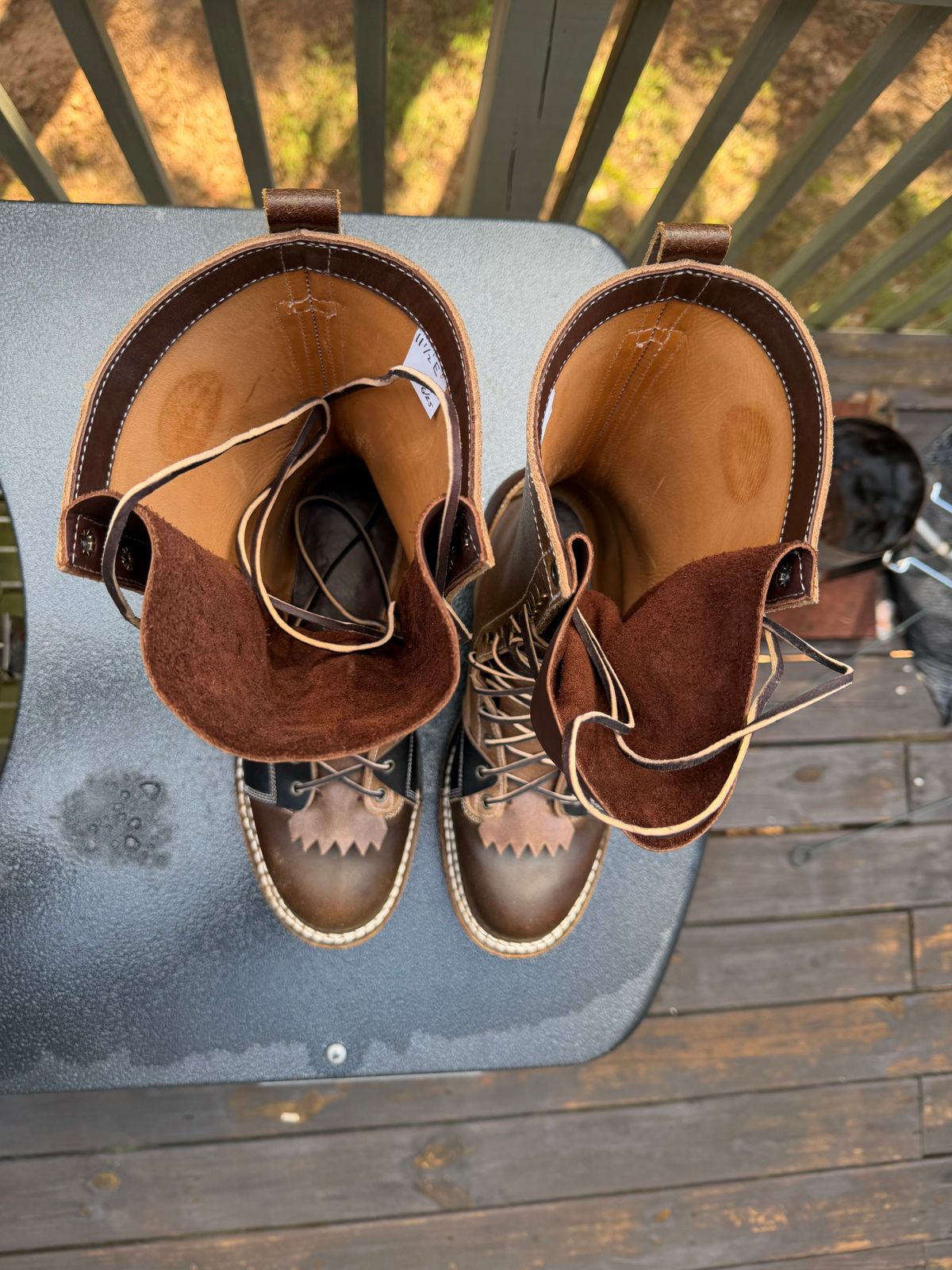 Photo by BigDawg308 on October 1, 2025 of the Frank's Boots FD1 LTT MTO in Horween Cinnamon Waxed Flesh & Horween Natural Waxed Flesh & Horween Black Waxed Flesh.