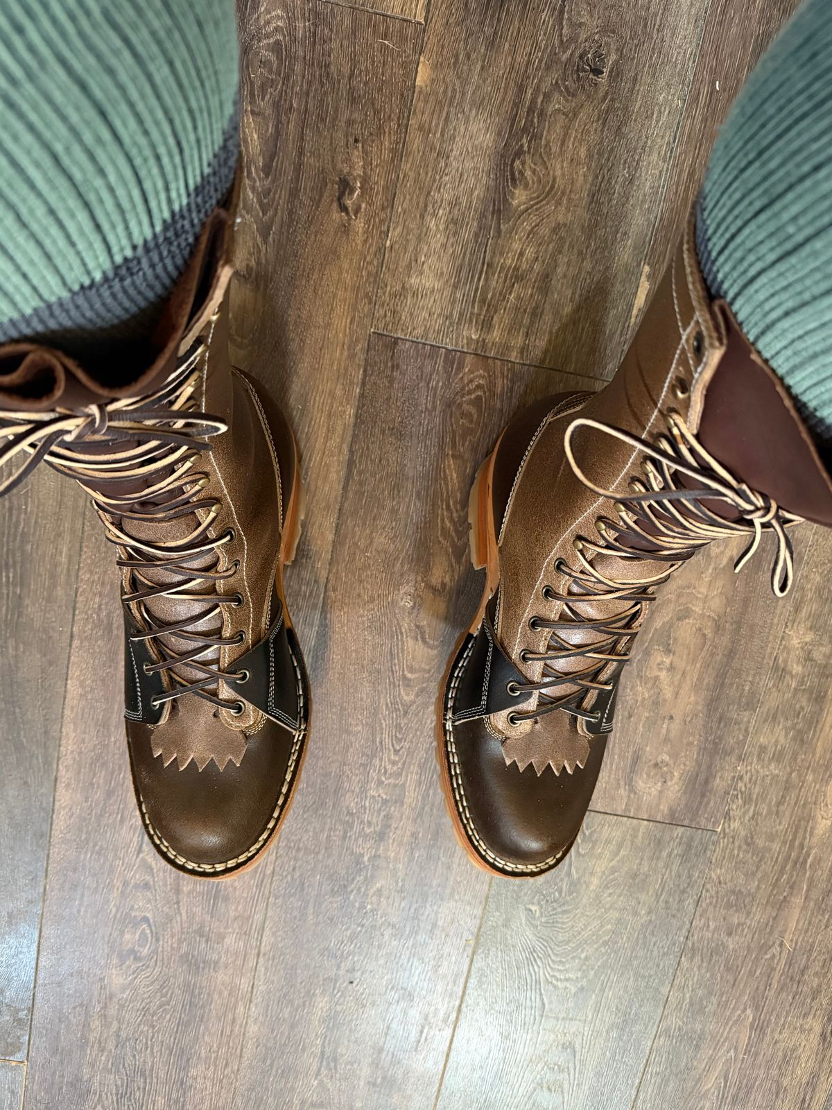 Photo by BigDawg308 on October 2, 2025 of the Frank's Boots FD1 LTT MTO in Horween Cinnamon Waxed Flesh & Horween Natural Waxed Flesh & Horween Black Waxed Flesh.