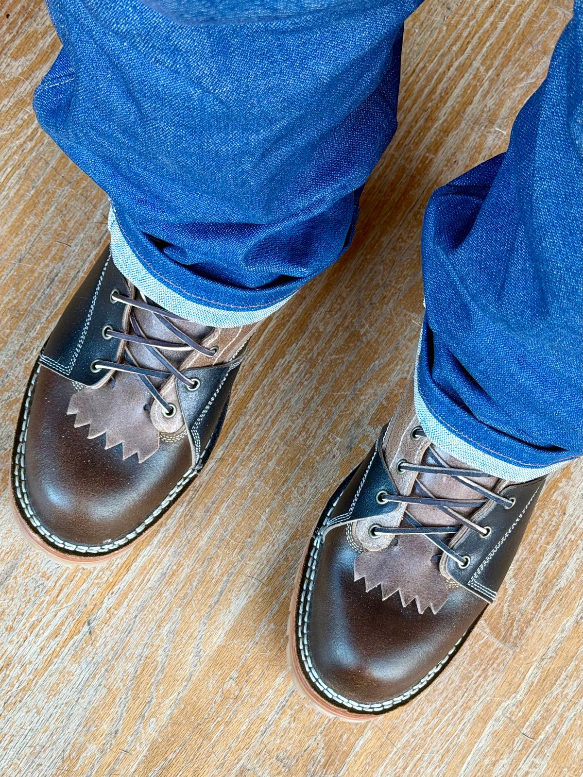 Photo by BigDawg308 on October 12, 2025 of the Frank's Boots FD1 LTT MTO in Horween Cinnamon Waxed Flesh & Horween Natural Waxed Flesh & Horween Black Waxed Flesh.