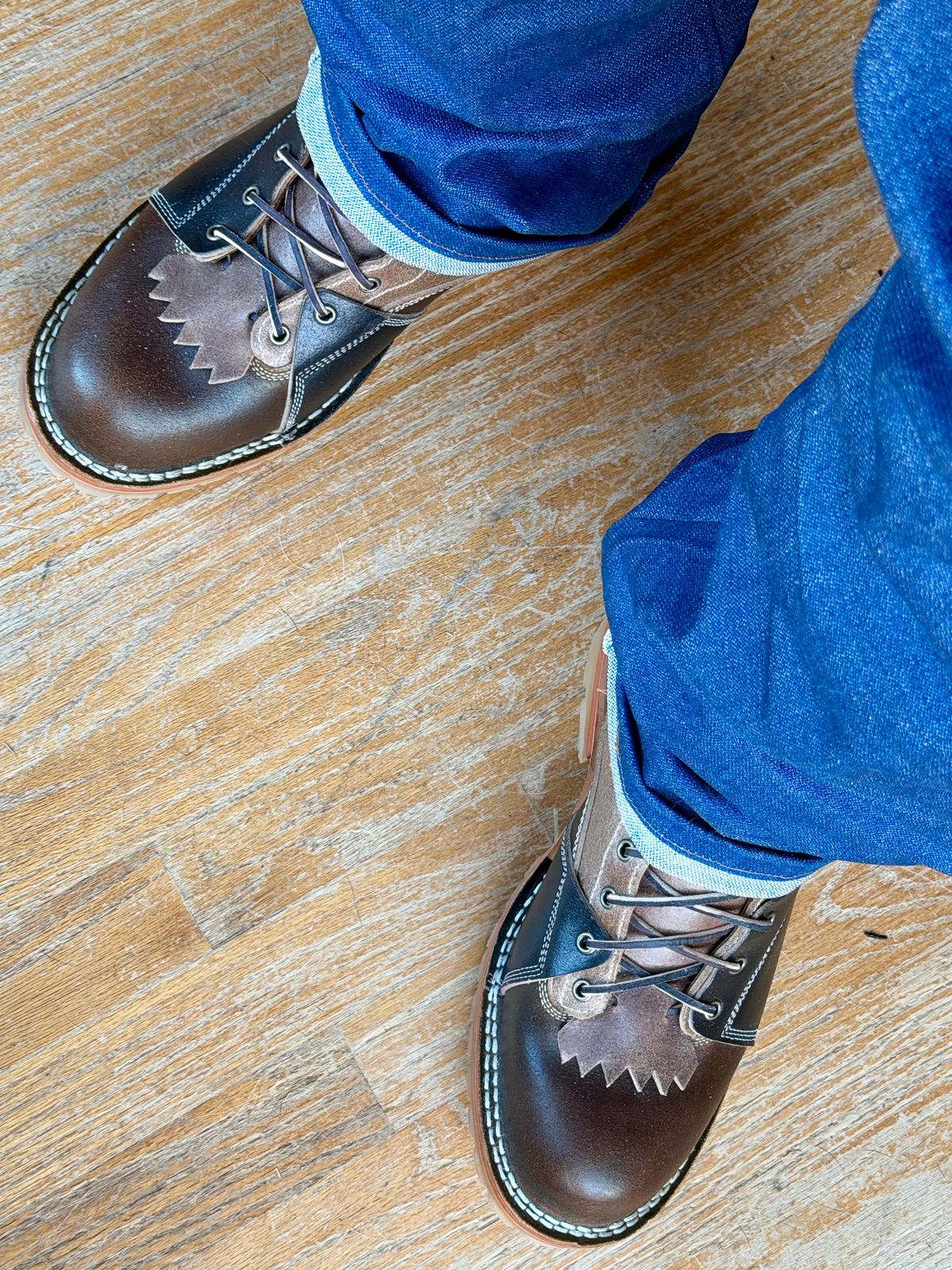 Photo by BigDawg308 on October 12, 2025 of the Frank's Boots FD1 LTT MTO in Horween Cinnamon Waxed Flesh & Horween Natural Waxed Flesh & Horween Black Waxed Flesh.