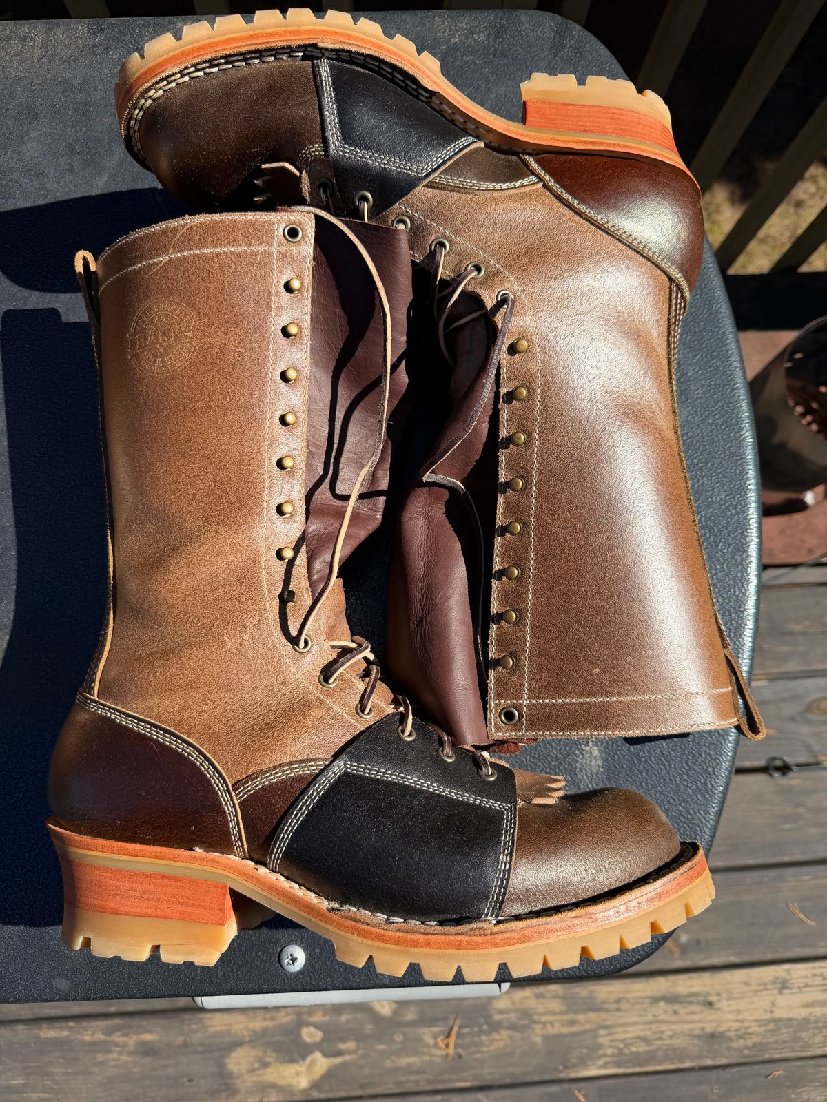 Photo by BigDawg308 on November 4, 2025 of the Frank's Boots FD1 LTT MTO in Horween Cinnamon Waxed Flesh & Horween Natural Waxed Flesh & Horween Black Waxed Flesh.