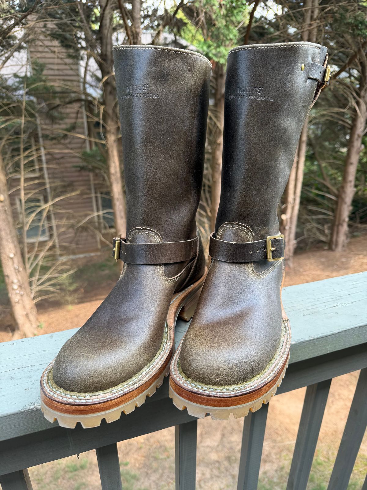 Photo by BigDawg308 on September 22, 2025 of the White's Nomad Engineer Boots in Horween Olive Waxed Flesh.