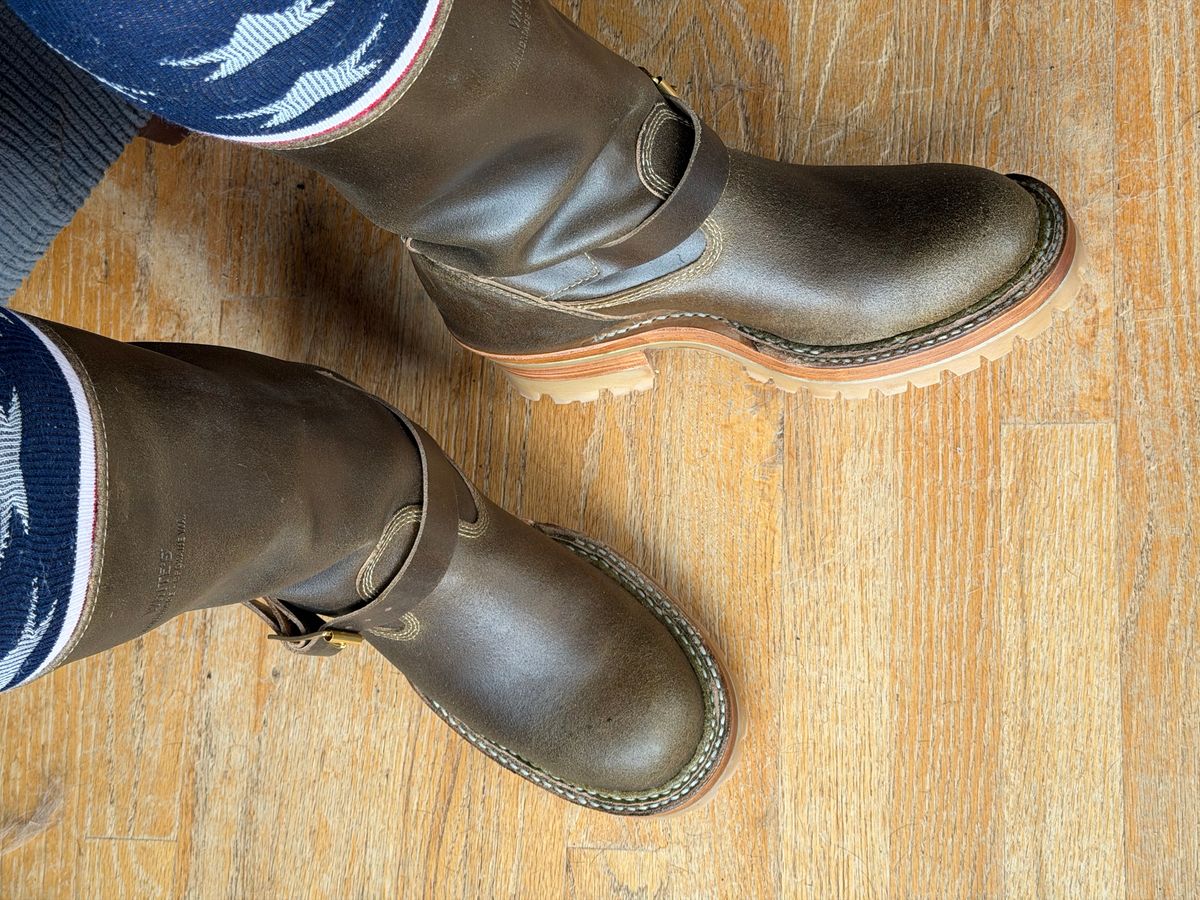 Photo by BigDawg308 on September 24, 2025 of the White's Nomad Engineer Boots in Horween Olive Waxed Flesh.