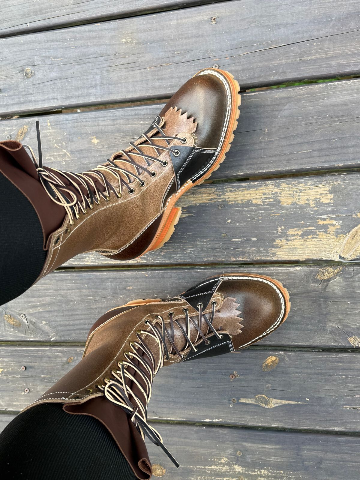 Photo by BigDawg308 on July 9, 2025 of the Frank's Boots Lace-To-Toe in Horween Cinnamon Waxed Flesh & Horween Natural Waxed Flesh & Horween Black Waxed Flesh.