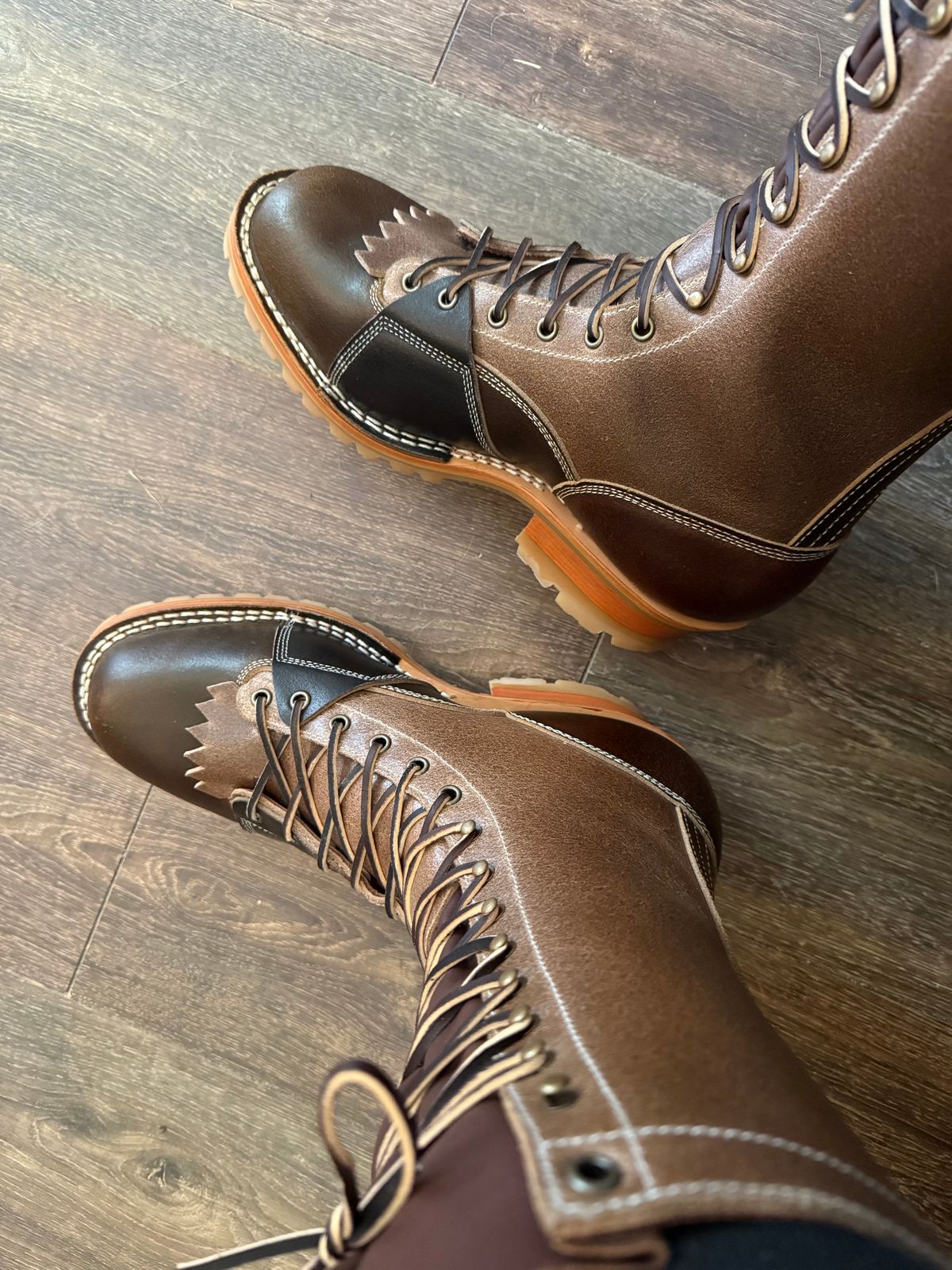 Photo by BigDawg308 on July 9, 2025 of the Frank's Boots Lace-To-Toe in Horween Cinnamon Waxed Flesh & Horween Natural Waxed Flesh & Horween Black Waxed Flesh.