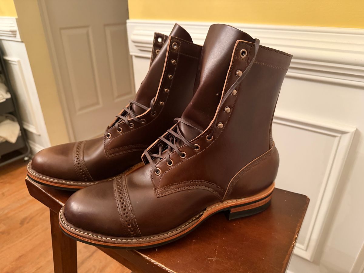Photo by BigDawg308 on October 31, 2025 of the White's MP-Sherman Toe Cap in Horween Brown Chromexcel Horsehide.