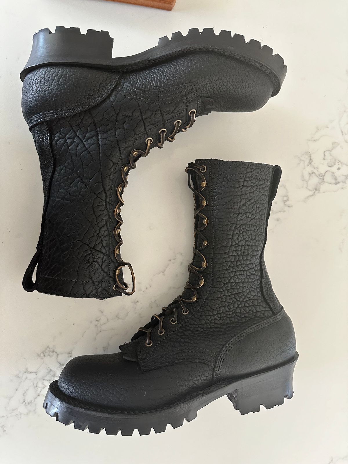 Photo by Huntsman on February 21, 2024 of the JK Boots Superduty in 8oz Shrunken Bison Shadow - (Smooth) premium oil-tanned USA Leather (Law or Seidel).