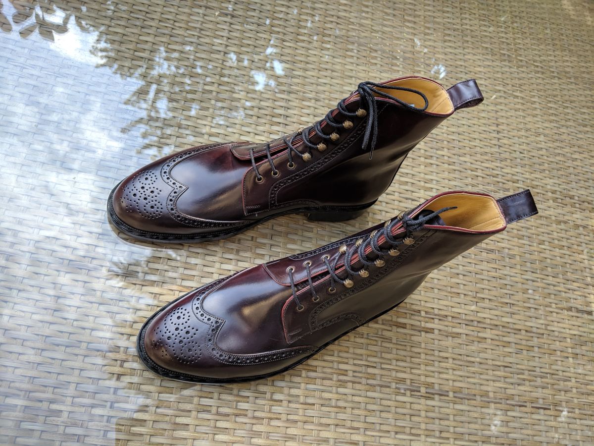 Photo by Huntsman on October 2, 2019 of the Vass Hungary Budapest High Boots in Horween Color 8 Shell Cordovan.